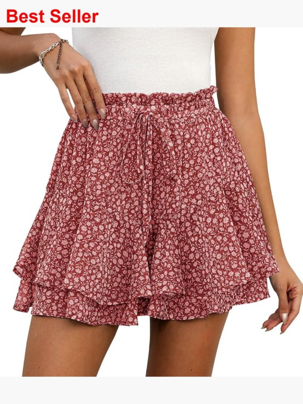 Chiffon Skorts with Ruffle Hem, Adjustable Drawstring Waist